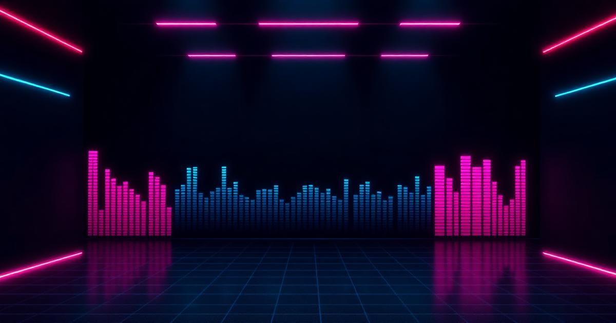 Neon equalizer bars in a dark futuristic studio